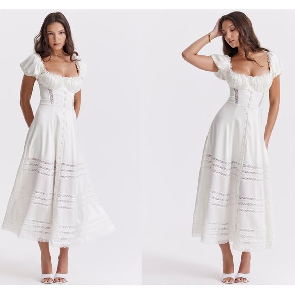 NWT House of CB Eviana Ivory Real Silk Puff Sleeve midi dress - L+ - Picture 2 of 7